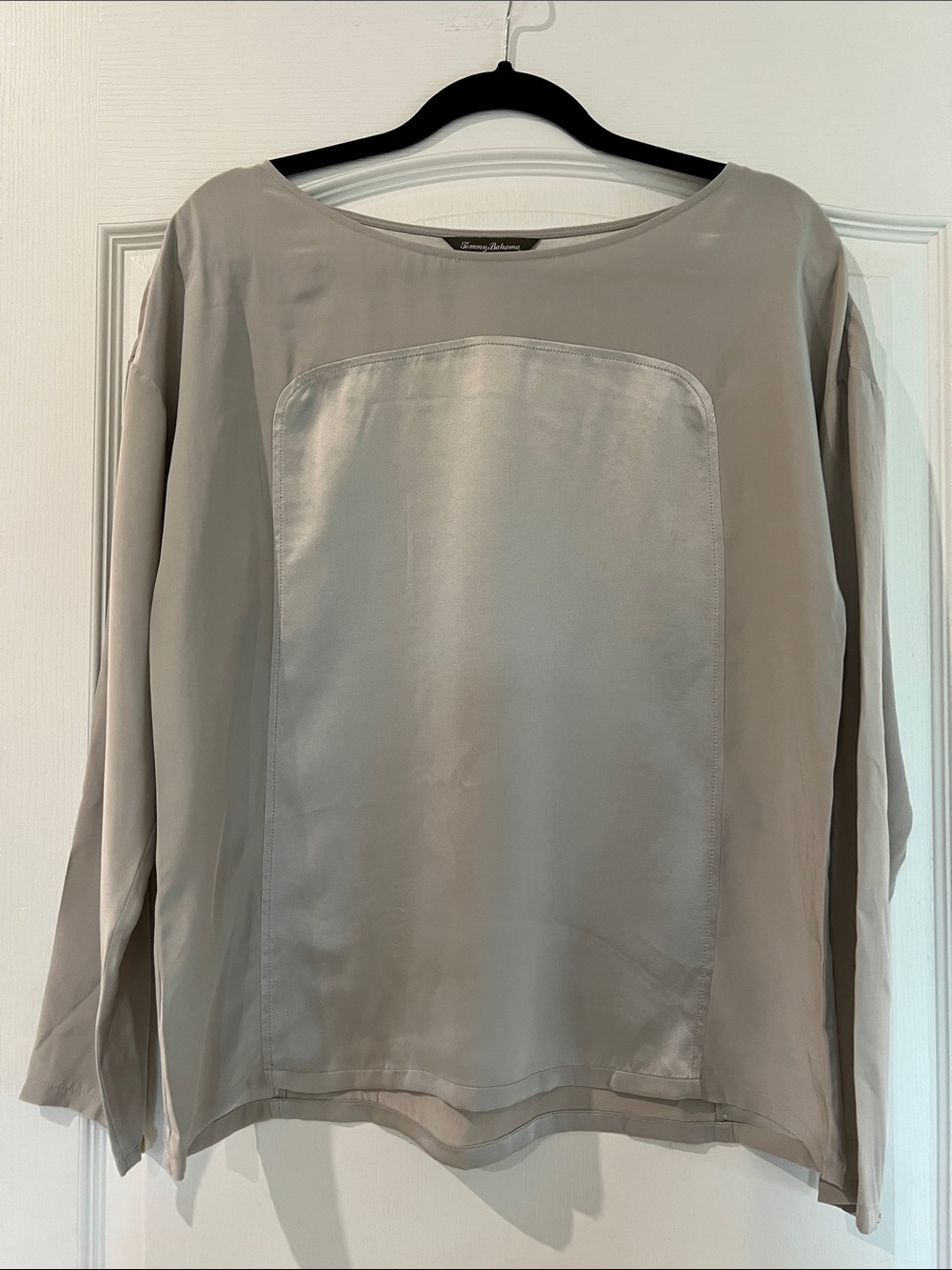 Tommy Bahama Taupe Satin-Panel Long Sleeve Top